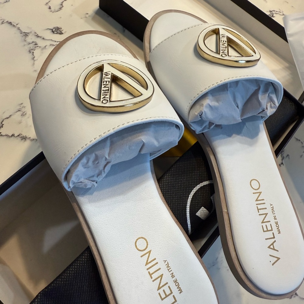 Valentino Cream and Gold Slide Sandals